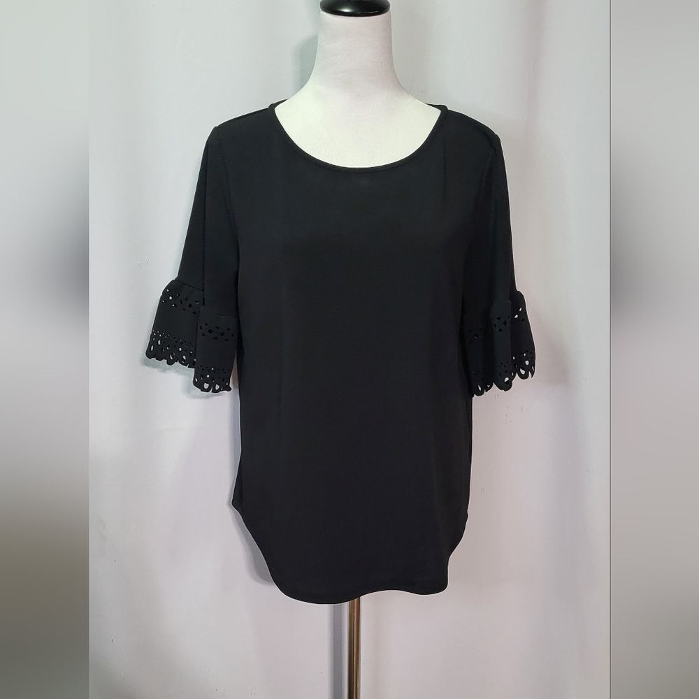 Moa Moa Women's Black Eyelet Lace 3/4 Sleeve Blouse Size XL EUC